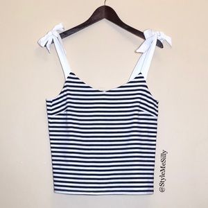 J. Crew navy and white striped tie shoulder top